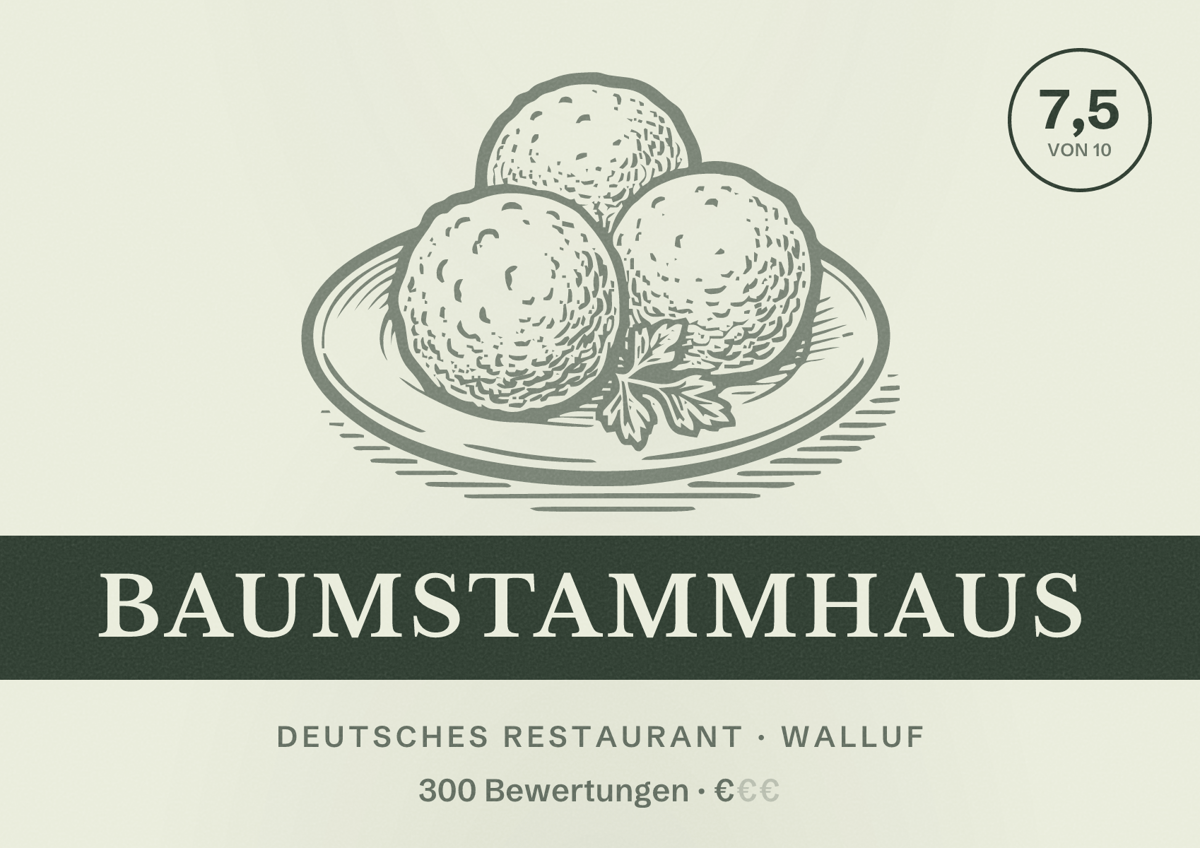 Illustriertes Poster von Baumstammhaus, Deutsches Restaurant in Walluf: Bewertung 7,5 von 10 aus 300 Bewertungen, Preisniveau €