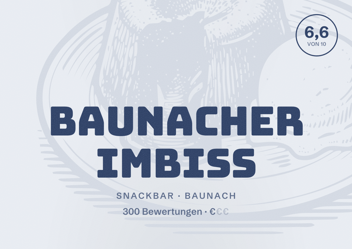 Illustriertes Poster von Baunacher Imbiss, Snackbar in Baunach: Bewertung 6,6 von 10 aus 300 Bewertungen, Preisniveau €