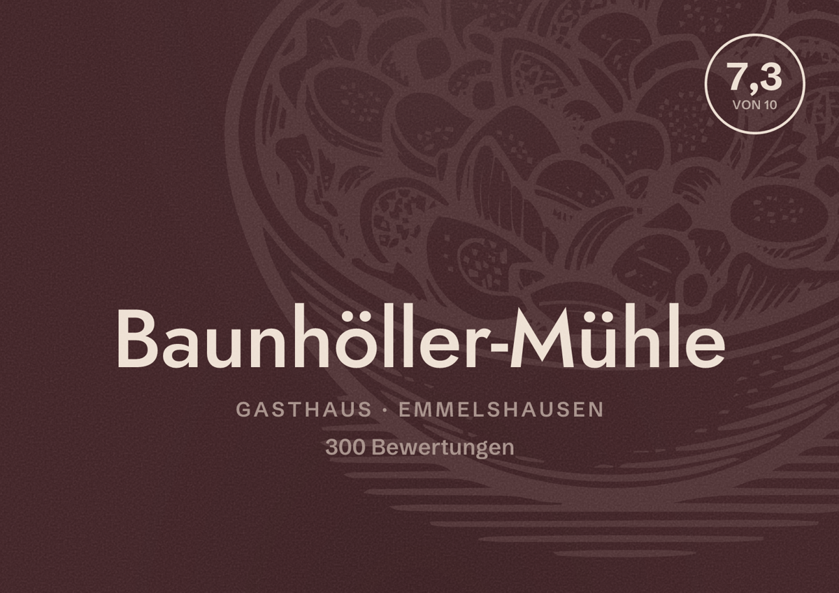 Illustriertes Poster von Baunhöller-Mühle, Gasthaus in Emmelshausen: Bewertung 7,3 von 10 aus 300 Bewertungen