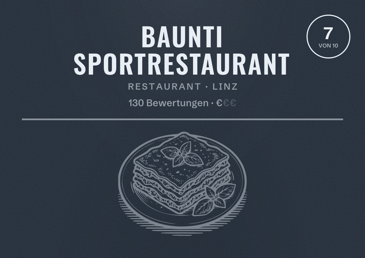 Illustriertes Poster von Baunti Sportrestaurant, Restaurant in Linz: Bewertung 7 von 10 aus 130 Bewertungen, Preisniveau €