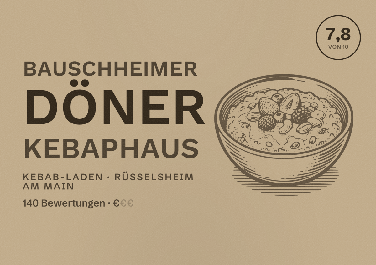 Illustriertes Poster von Bauschheimer Döner Kebaphaus, Kebab-Laden in Rüsselsheim am Main: Bewertung 7,8 von 10 aus 140 Bewertungen, Preisniveau €