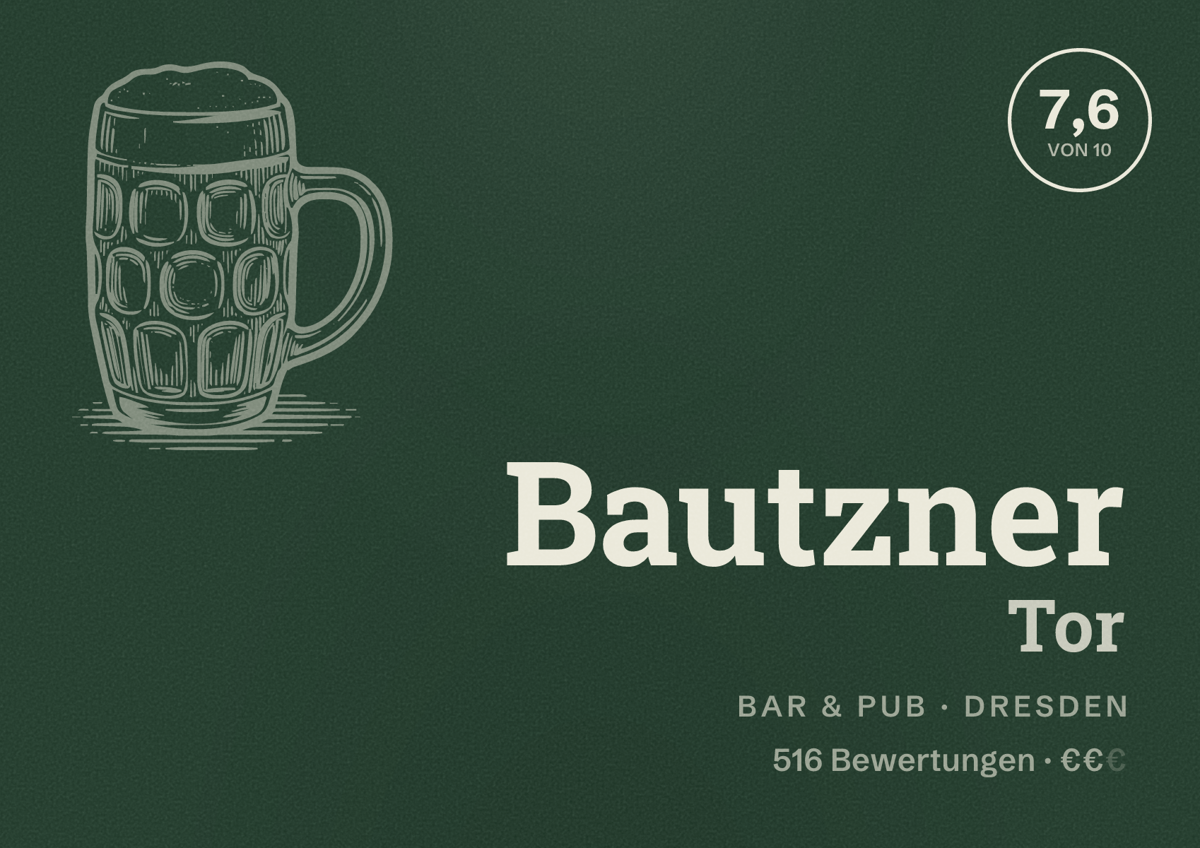 Illustriertes Poster von Bautzner Tor, Bar & Pub in Dresden: Bewertung 7,6 von 10 aus 516 Bewertungen, Preisniveau €€