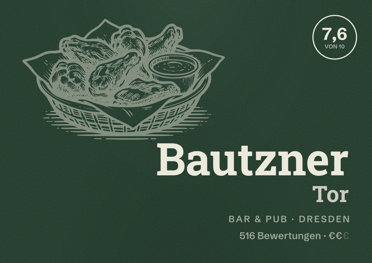 Illustriertes Poster von Bautzner Tor, Bar & Pub in Dresden: Bewertung 7,6 von 10 aus 516 Bewertungen, Preisniveau €€