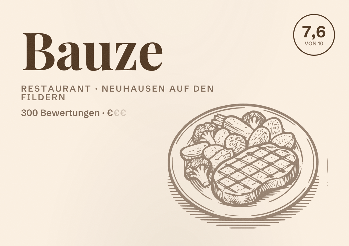 Illustriertes Poster von Bauze, Restaurant in Neuhausen auf den Fildern: Bewertung 7,6 von 10 aus 300 Bewertungen, Preisniveau €