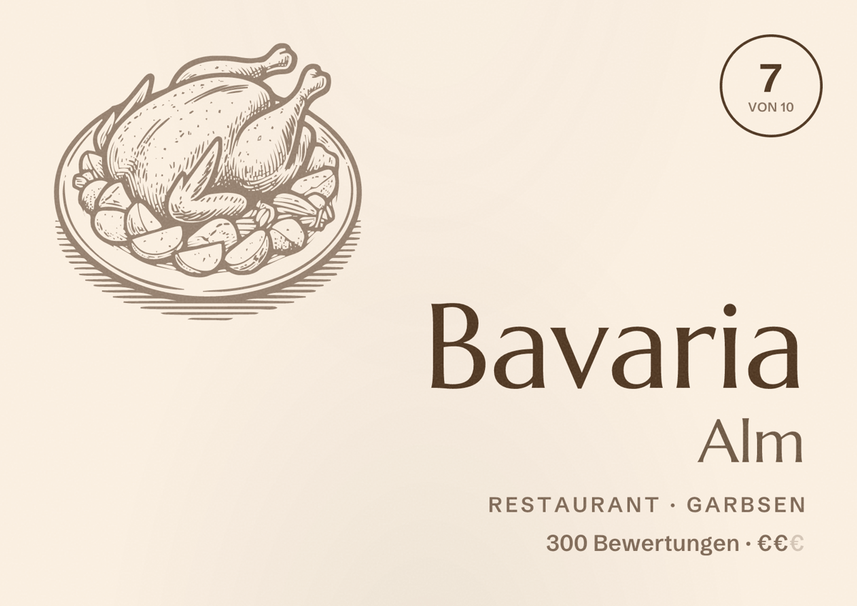 Illustriertes Poster von Bavaria Alm, Restaurant in Garbsen: Bewertung 7 von 10 aus 300 Bewertungen, Preisniveau €€