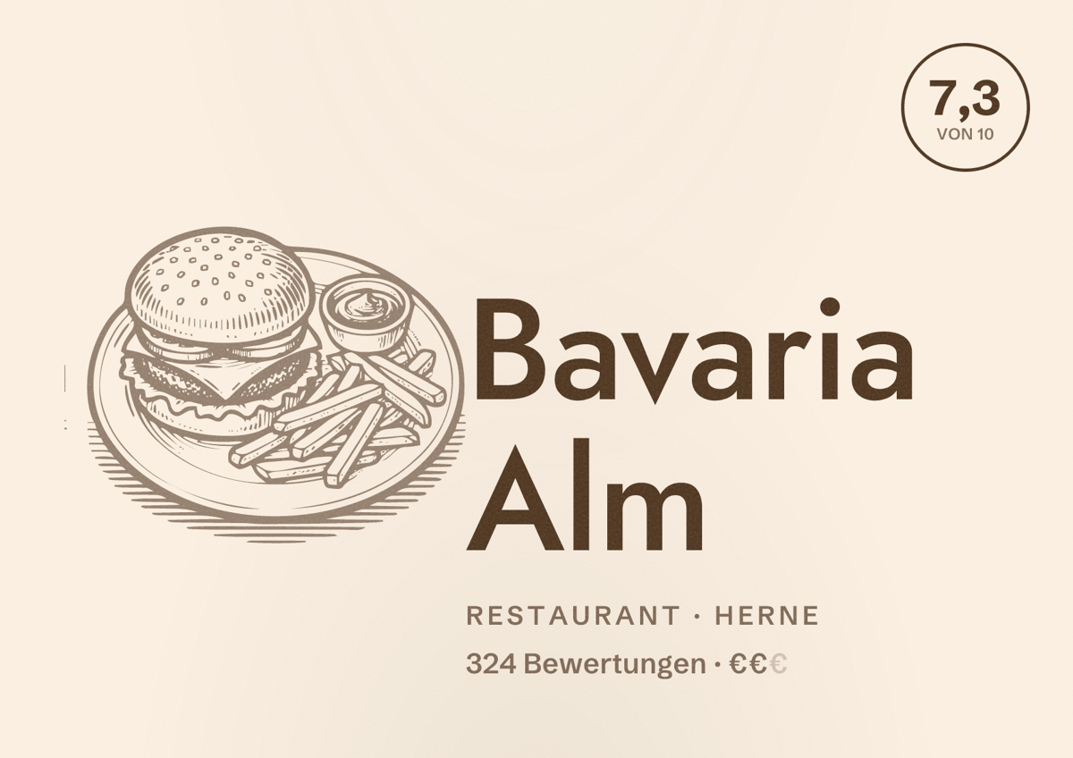 Illustriertes Poster von Bavaria Alm, Restaurant in Herne: Bewertung 7,3 von 10 aus 324 Bewertungen, Preisniveau €€