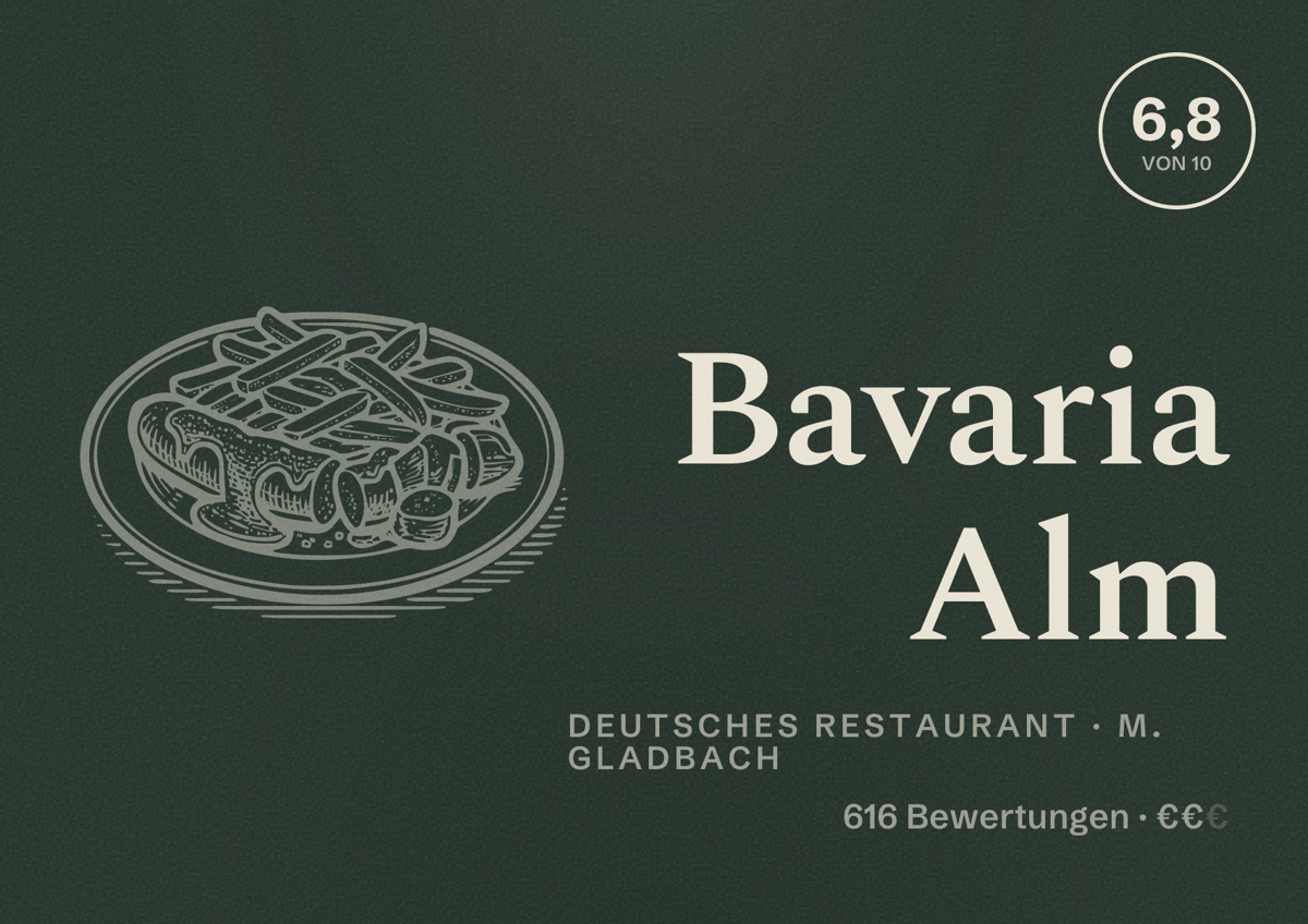 Illustriertes Poster von Bavaria Alm, Deutsches Restaurant in M. Gladbach: Bewertung 6,8 von 10 aus 616 Bewertungen, Preisniveau €€
