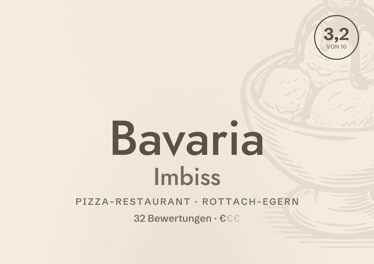 Illustriertes Poster von Bavaria Imbiss, Pizza-Restaurant in Rottach-Egern: Bewertung 3,2 von 10 aus 32 Bewertungen, Preisniveau €