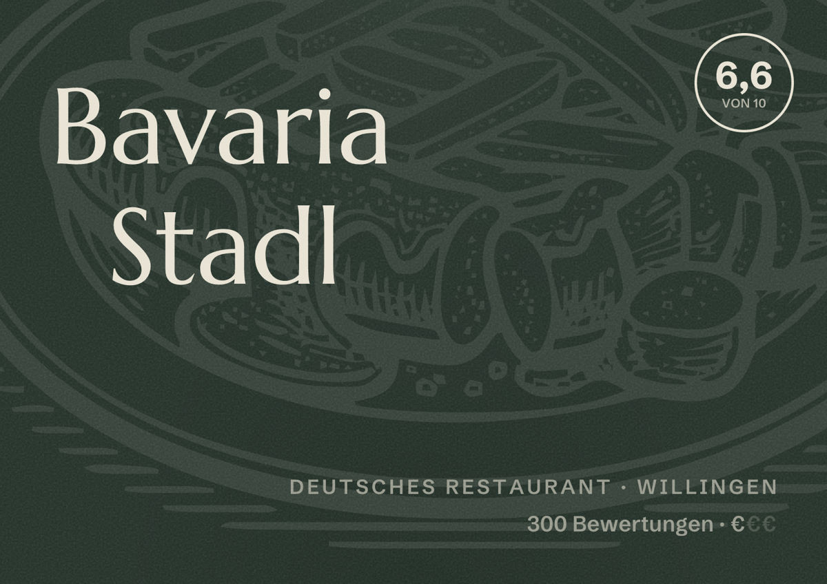 Illustriertes Poster von Bavaria Stadl, Deutsches Restaurant in Willingen: Bewertung 6,6 von 10 aus 300 Bewertungen, Preisniveau €