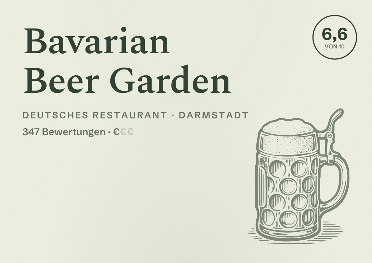 Illustriertes Poster von Bavarian Beer Garden, Deutsches Restaurant in Darmstadt: Bewertung 6,6 von 10 aus 347 Bewertungen, Preisniveau €