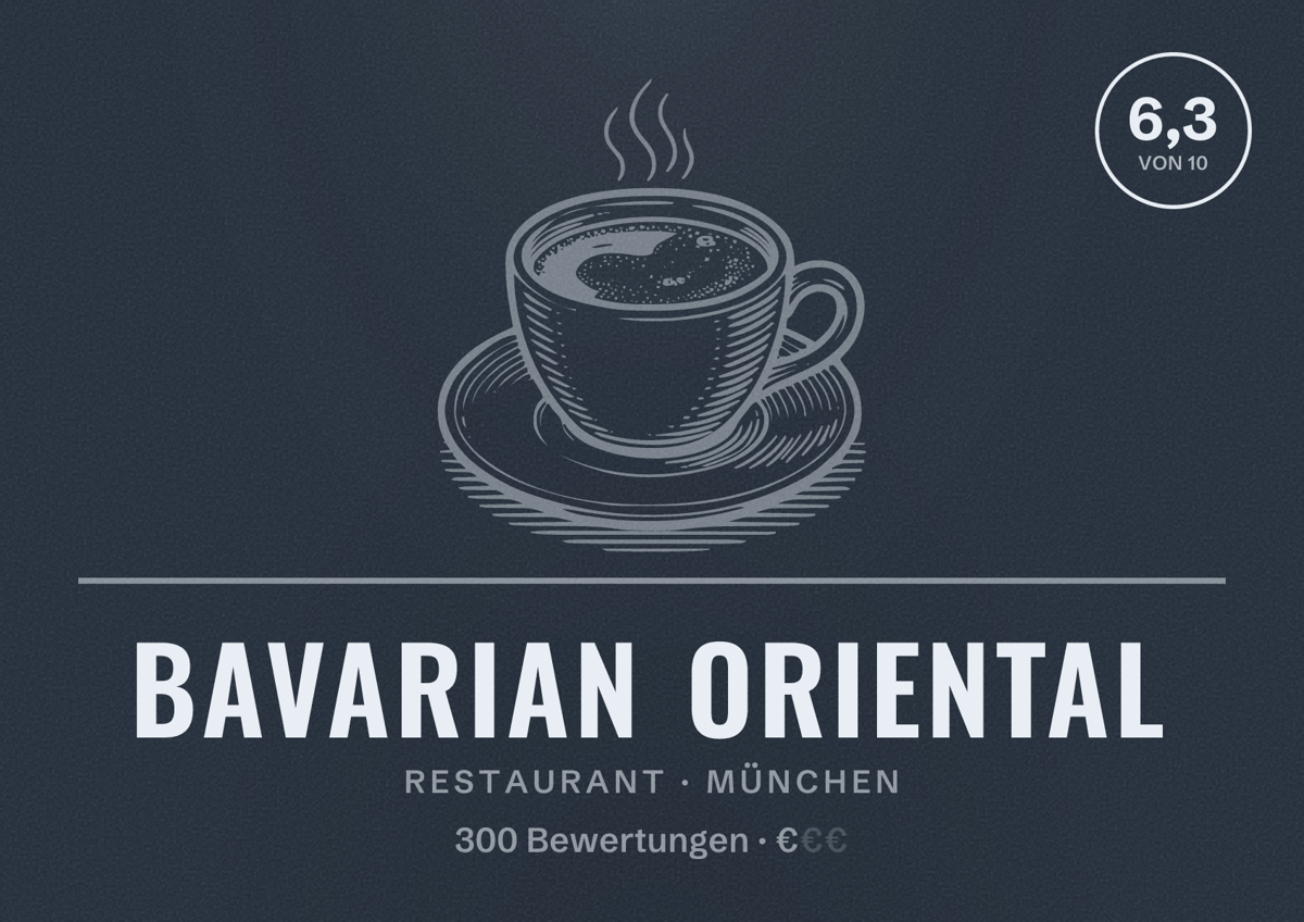 Illustriertes Poster von Bavarian Oriental, Restaurant in München: Bewertung 6,3 von 10 aus 300 Bewertungen, Preisniveau €