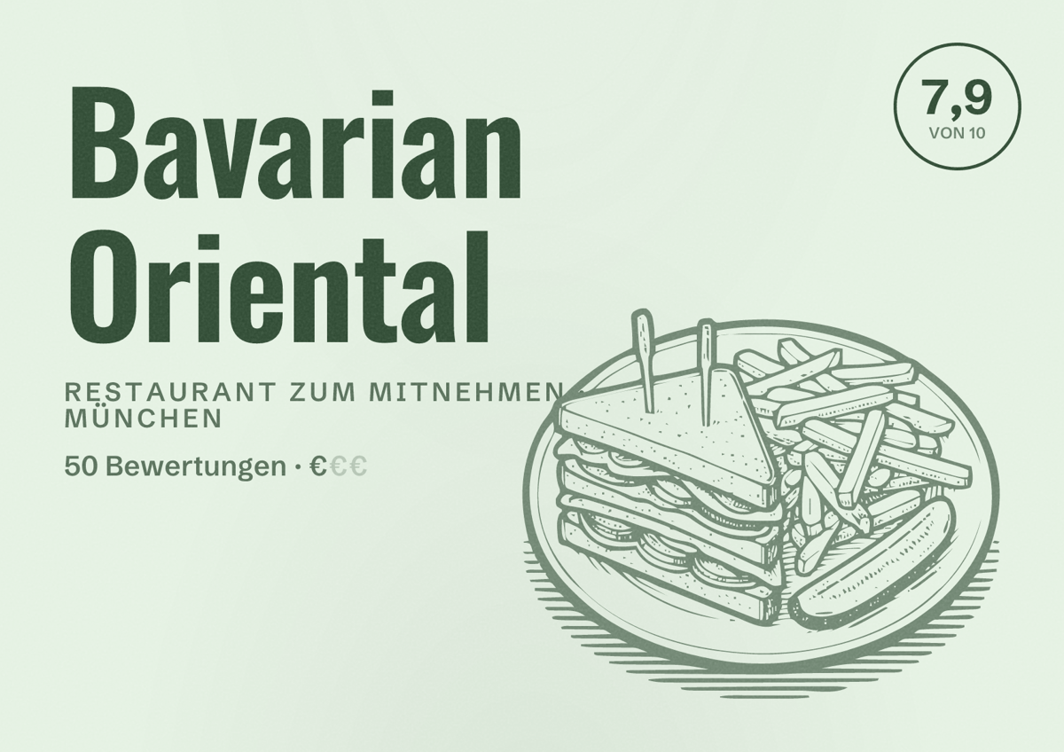 Illustriertes Poster von Bavarian Oriental, Restaurant zum Mitnehmen in München: Bewertung 7,9 von 10 aus 50 Bewertungen, Preisniveau €