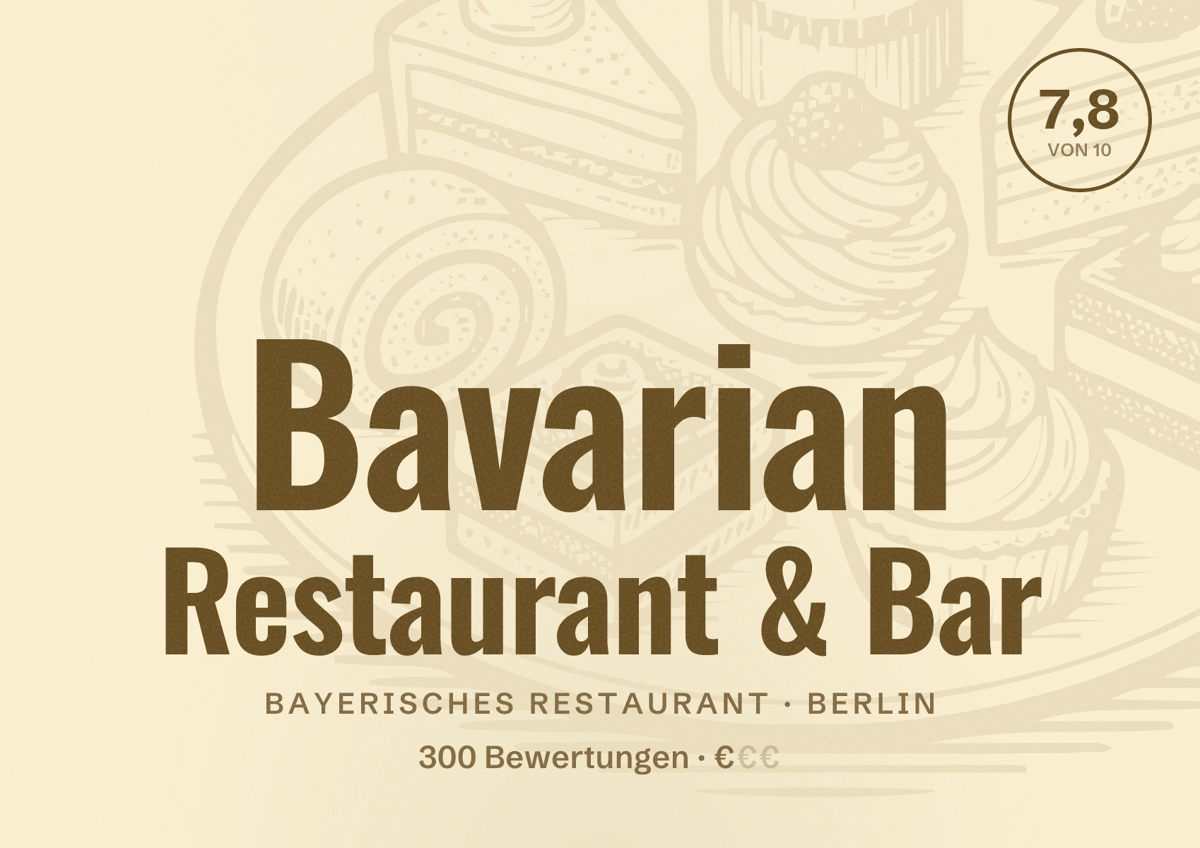 Illustriertes Poster von Bavarian Restaurant & Bar, Bayerisches Restaurant in Berlin: Bewertung 7,8 von 10 aus 300 Bewertungen, Preisniveau €