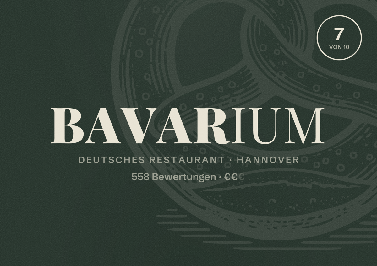 Illustriertes Poster von Bavarium, Deutsches Restaurant in Hannover: Bewertung 7 von 10 aus 558 Bewertungen, Preisniveau €€