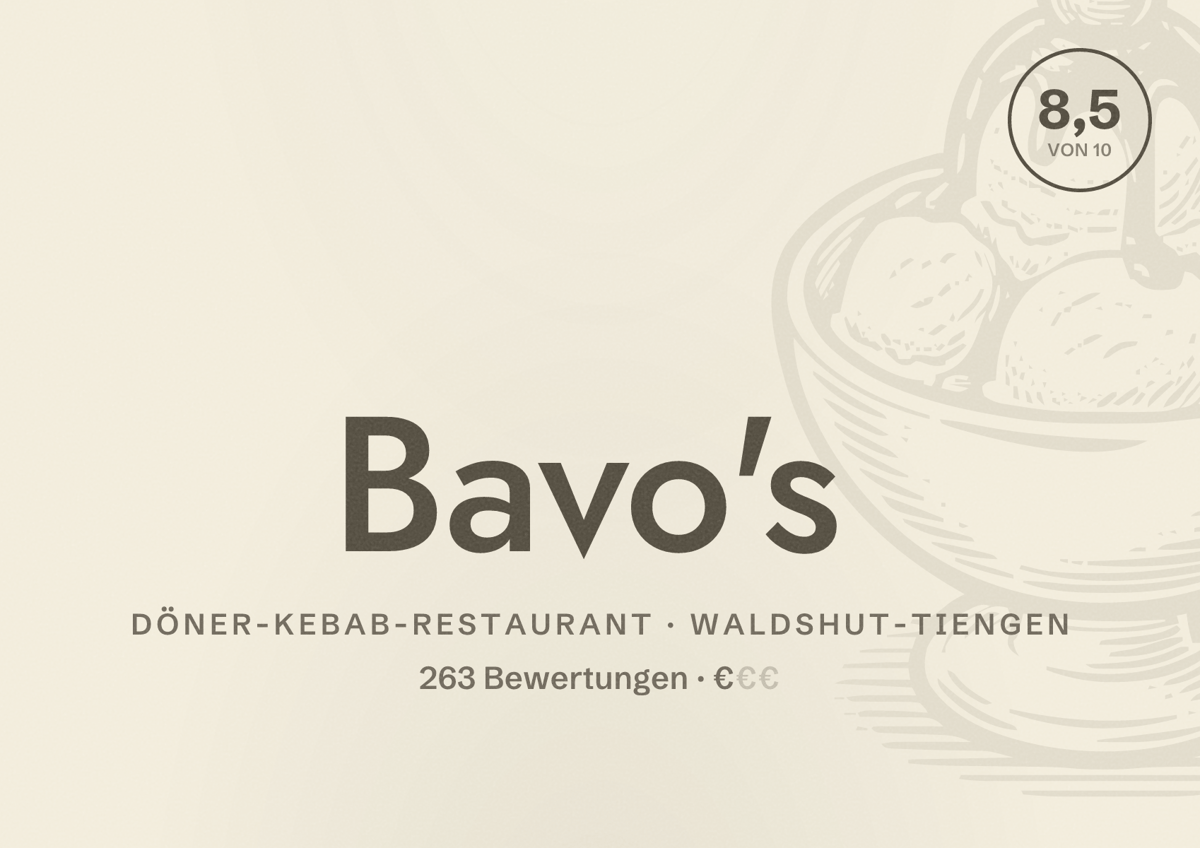 Illustriertes Poster von Bavo's, Döner-Kebab-Restaurant in Waldshut-Tiengen: Bewertung 8,5 von 10 aus 263 Bewertungen, Preisniveau €
