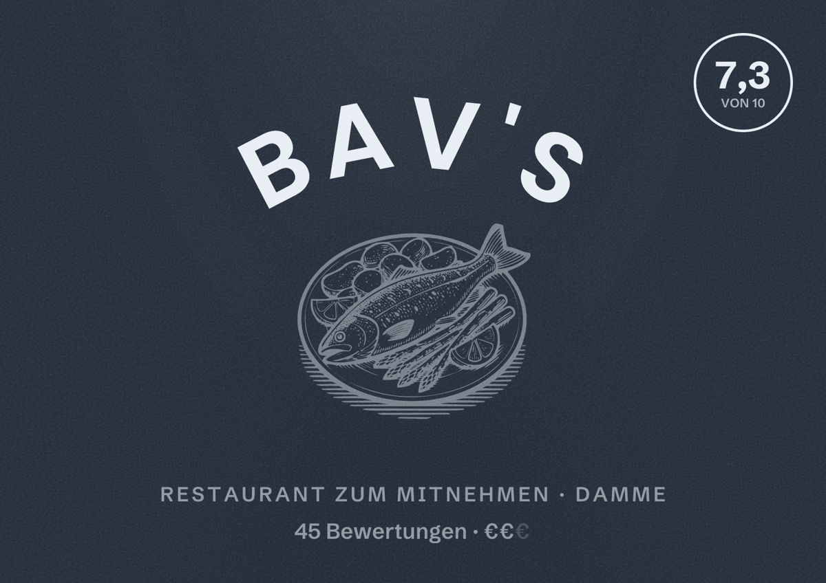 Illustriertes Poster von Bav's, Restaurant zum Mitnehmen in Damme: Bewertung 7,3 von 10 aus 45 Bewertungen, Preisniveau €€