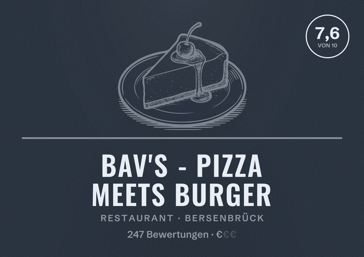 Illustriertes Poster von Bav's - Pizza meets Burger, Restaurant in Bersenbrück: Bewertung 7,6 von 10 aus 247 Bewertungen, Preisniveau €