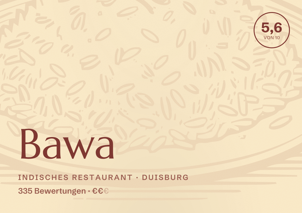 Illustriertes Poster von Bawa, Indisches Restaurant in Duisburg: Bewertung 5,6 von 10 aus 335 Bewertungen, Preisniveau €€