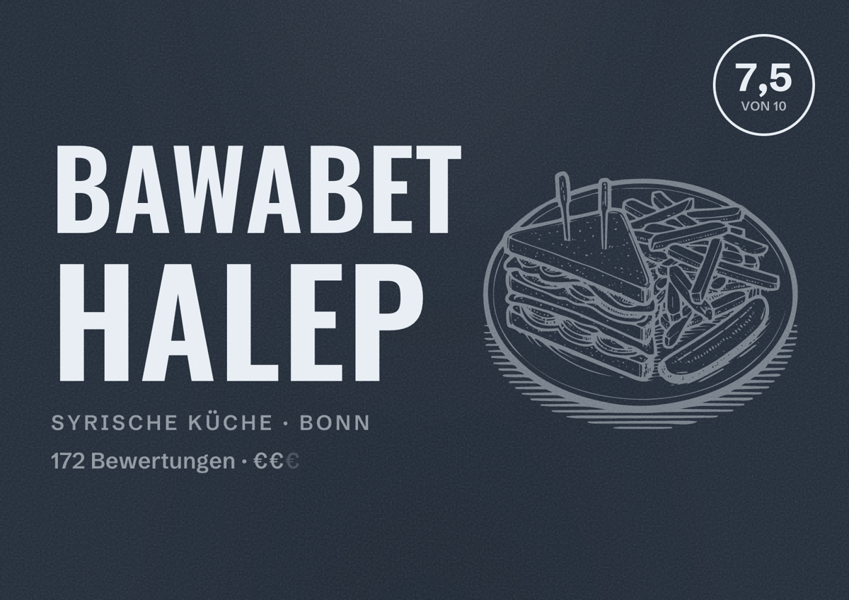 Illustriertes Poster von Bawabet Halep, Syrische Küche in Bonn: Bewertung 7,5 von 10 aus 172 Bewertungen, Preisniveau €€