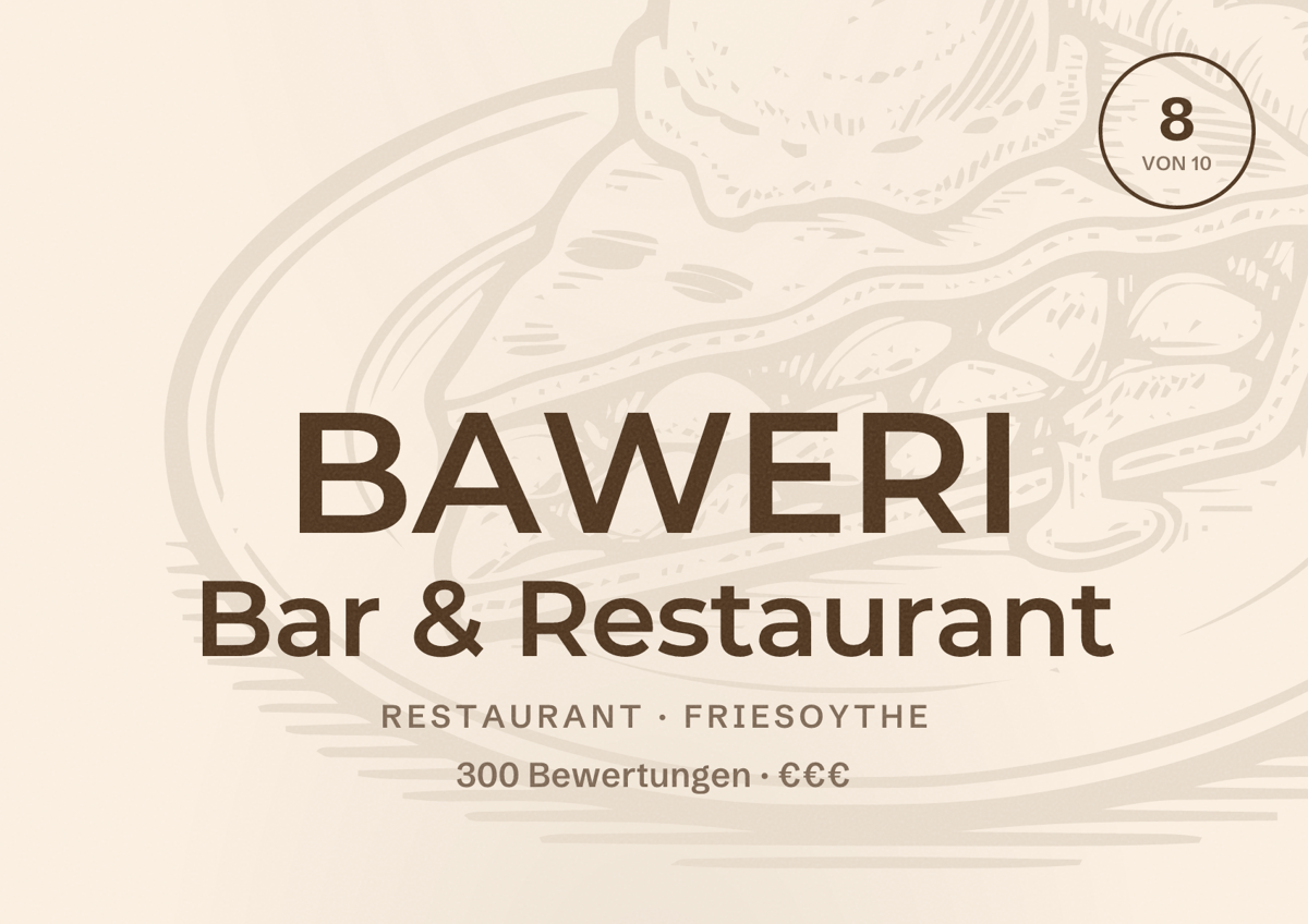 Illustriertes Poster von BAWERI Bar & Restaurant, Restaurant in Friesoythe: Bewertung 8 von 10 aus 300 Bewertungen, Preisniveau €€€