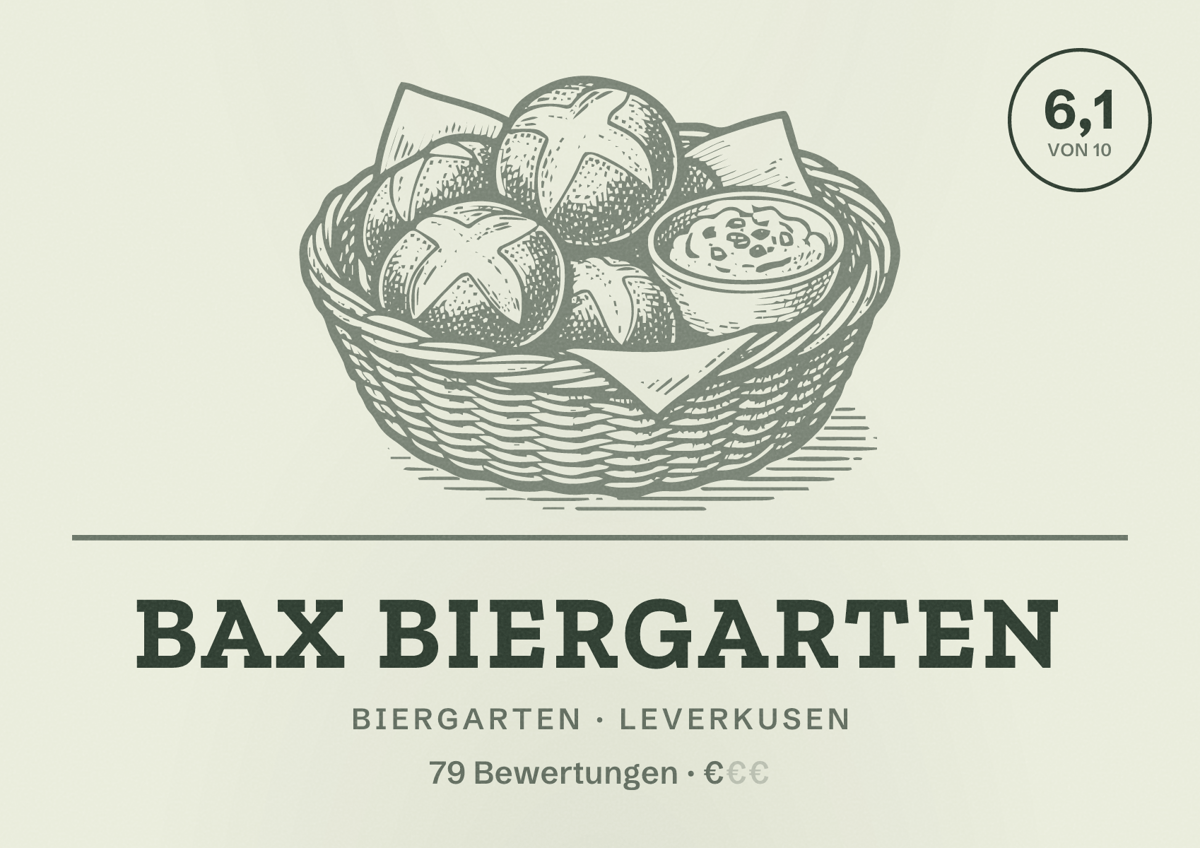 Illustriertes Poster von BAX Biergarten, Biergarten in Leverkusen: Bewertung 6,1 von 10 aus 79 Bewertungen, Preisniveau €