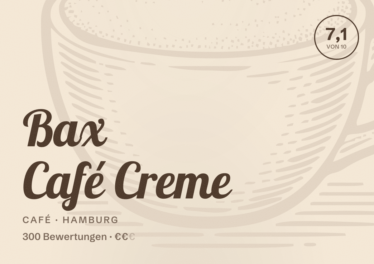 Illustriertes Poster von Bax Café Creme, Café in Hamburg: Bewertung 7,1 von 10 aus 300 Bewertungen, Preisniveau €€