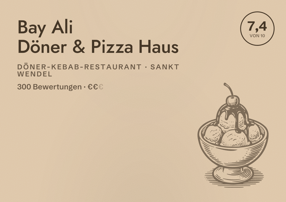 Illustriertes Poster von Bay Ali Döner & Pizza Haus, Döner-Kebab-Restaurant in Sankt Wendel: Bewertung 7,4 von 10 aus 300 Bewertungen, Preisniveau €€