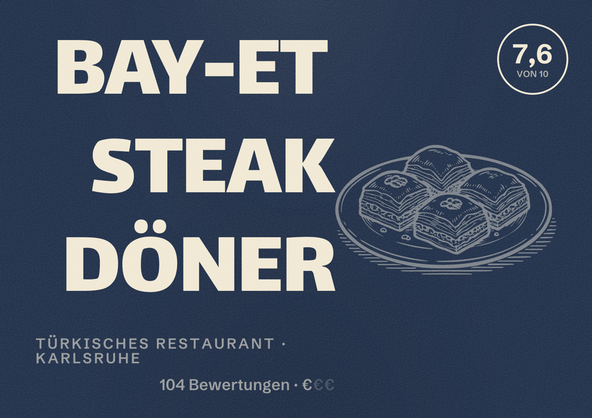 Illustriertes Poster von BAY-ET STEAK DÖNER, Türkisches Restaurant in Karlsruhe: Bewertung 7,6 von 10 aus 104 Bewertungen, Preisniveau €