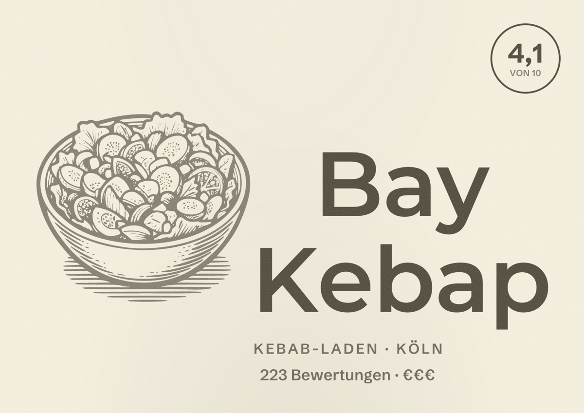Illustriertes Poster von Bay Kebap, Kebab-Laden in Köln: Bewertung 4,1 von 10 aus 223 Bewertungen, Preisniveau €€€