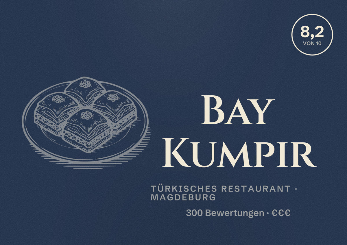 Illustriertes Poster von Bay Kumpir, Türkisches Restaurant in Magdeburg: Bewertung 8,2 von 10 aus 300 Bewertungen, Preisniveau €€€