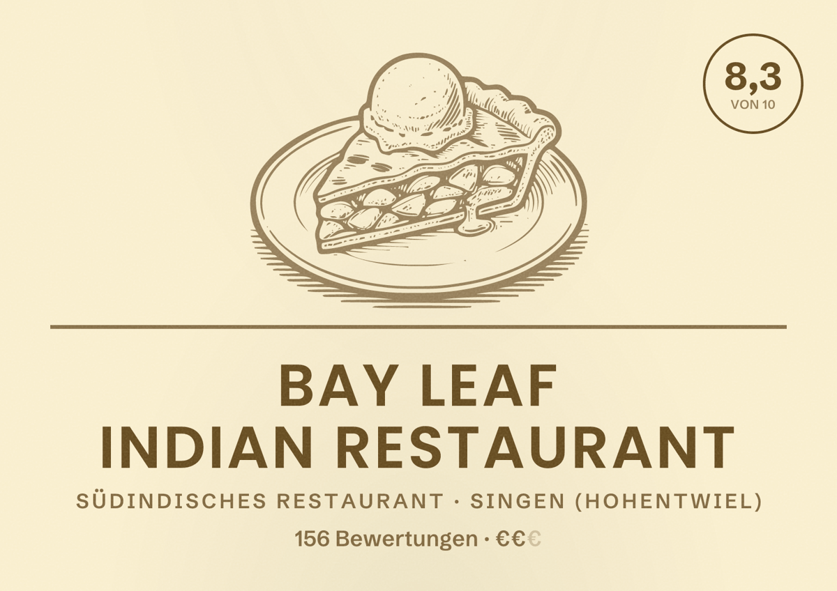 Illustriertes Poster von Bay Leaf Indian Restaurant, Südindisches Restaurant in Singen (Hohentwiel): Bewertung 8,3 von 10 aus 156 Bewertungen, Preisniveau €€
