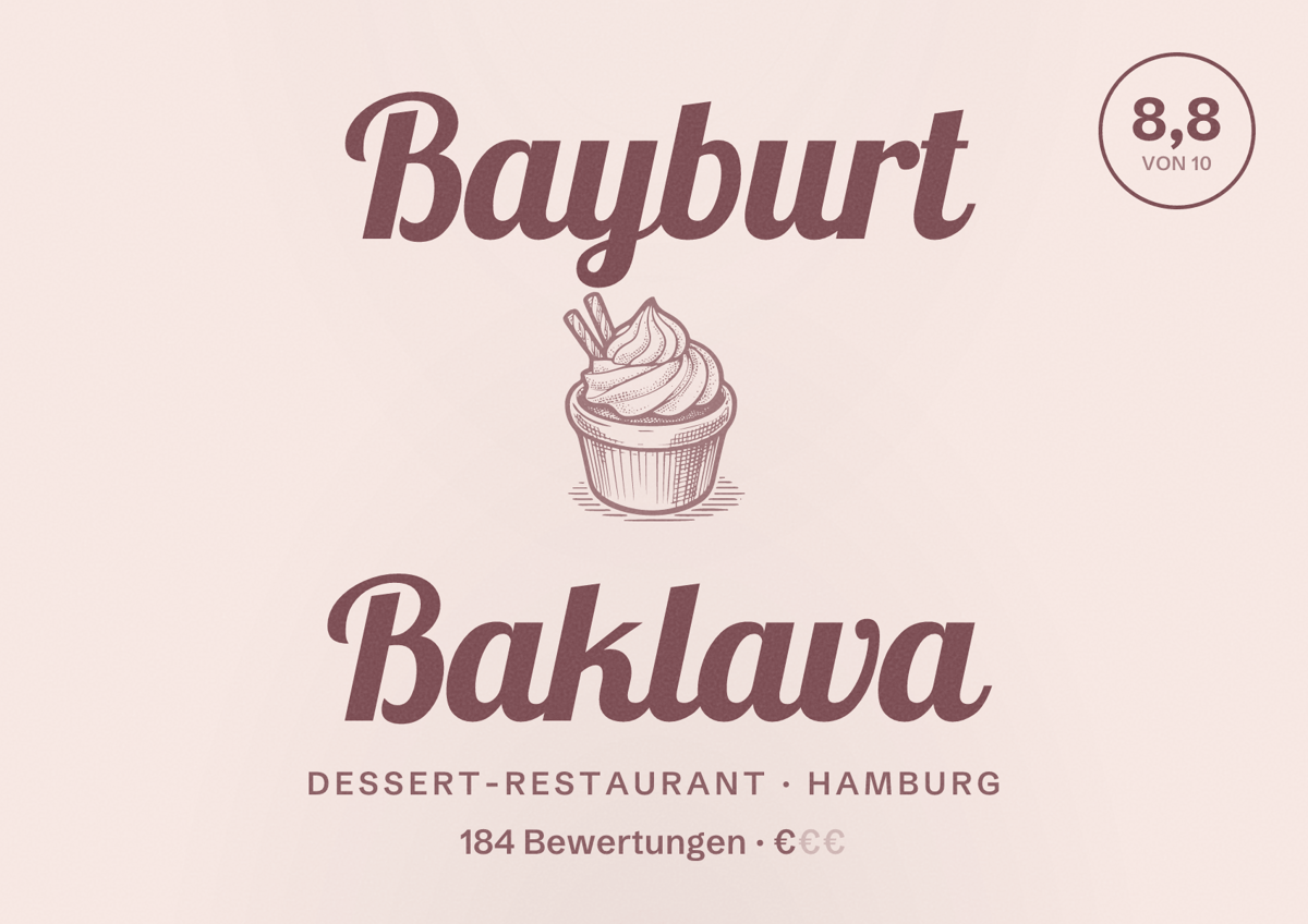 Illustriertes Poster von Bayburt Baklava, Dessert-Restaurant in Hamburg: Bewertung 8,8 von 10 aus 184 Bewertungen, Preisniveau €