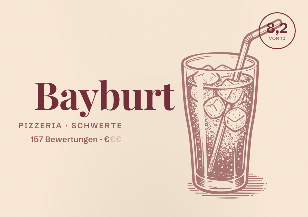 Illustriertes Poster von Bayburt, Pizzeria in Schwerte: Bewertung 8,2 von 10 aus 157 Bewertungen, Preisniveau €
