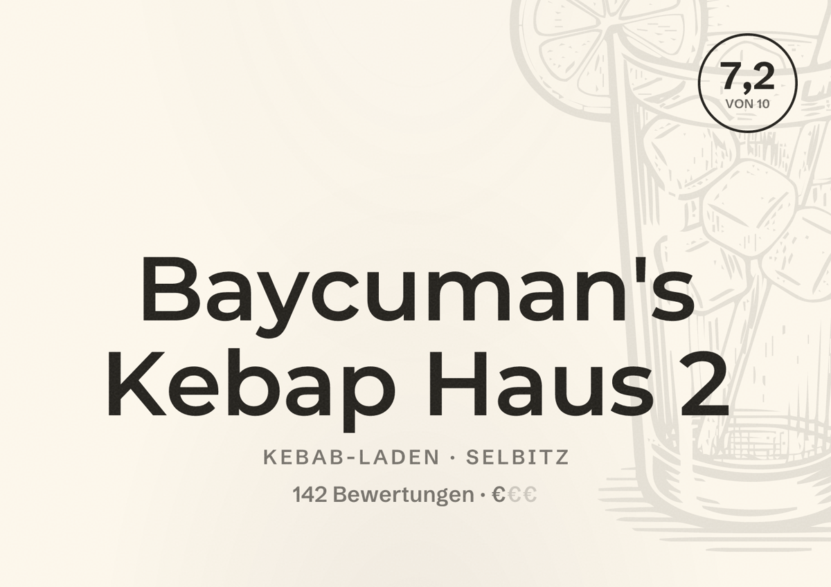 Illustriertes Poster von Baycuman's Kebap Haus 2, Kebab-Laden in Selbitz: Bewertung 7,2 von 10 aus 142 Bewertungen, Preisniveau €