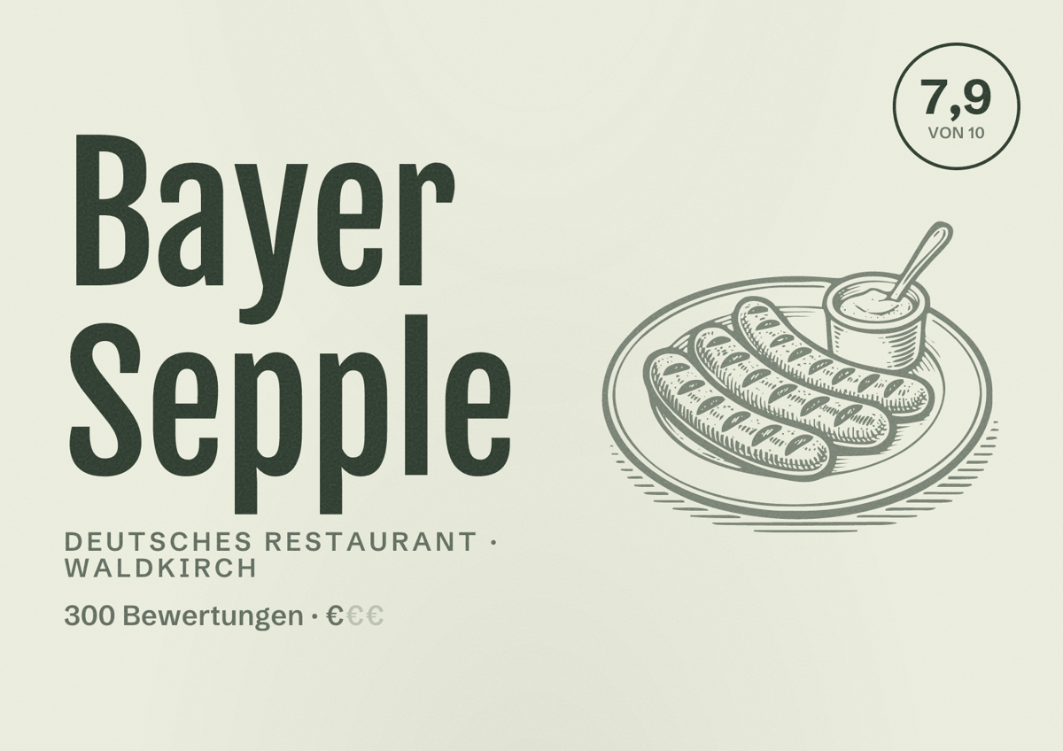 Illustriertes Poster von Bayer Sepple, Deutsches Restaurant in Waldkirch: Bewertung 7,9 von 10 aus 300 Bewertungen, Preisniveau €