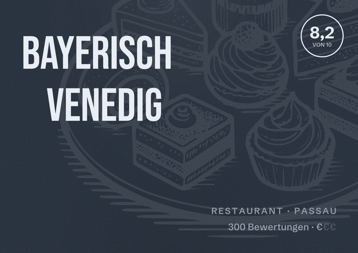 Illustriertes Poster von Bayerisch Venedig, Restaurant in Passau: Bewertung 8,2 von 10 aus 300 Bewertungen, Preisniveau €