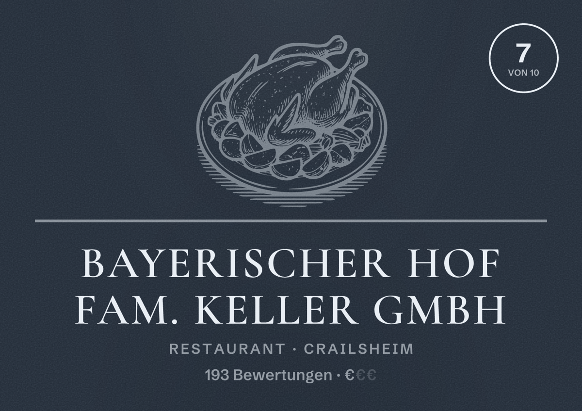 Illustriertes Poster von Bayerischer Hof Fam. Keller GmbH, Restaurant in Crailsheim: Bewertung 7 von 10 aus 193 Bewertungen, Preisniveau €