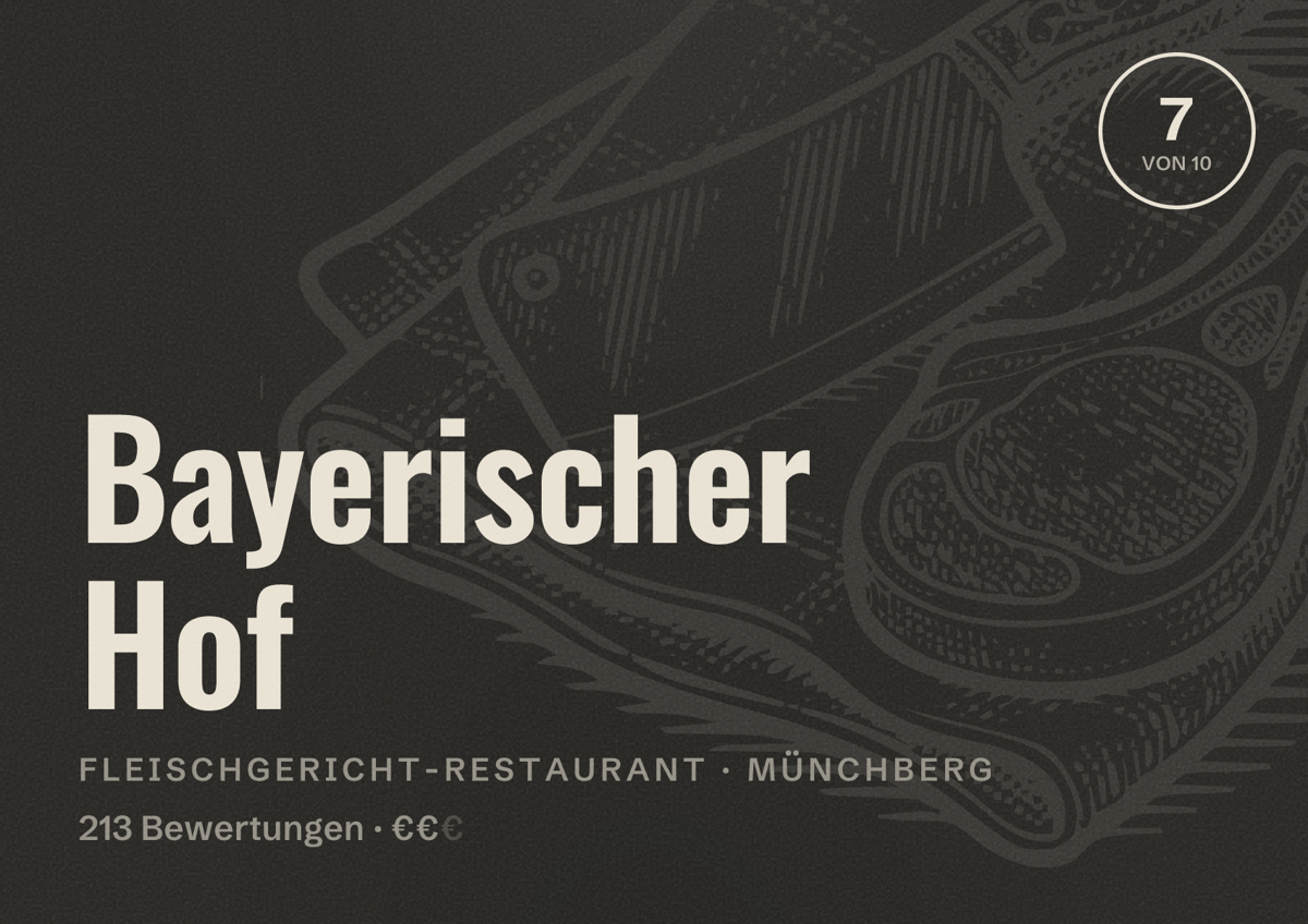 Illustriertes Poster von Bayerischer Hof, Fleischgericht-Restaurant in Münchberg: Bewertung 7 von 10 aus 213 Bewertungen, Preisniveau €€