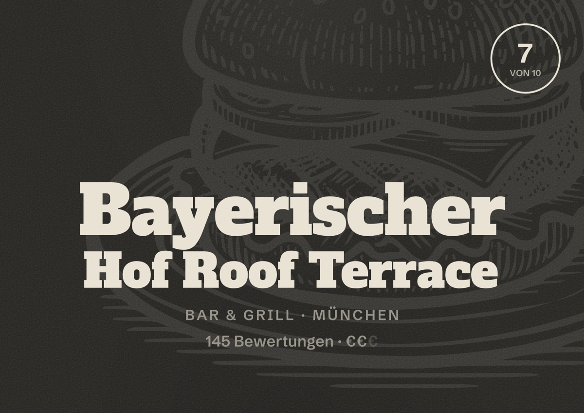 Illustriertes Poster von Bayerischer Hof Roof Terrace, Bar & Grill in München: Bewertung 7,0 von 10 aus 145 Bewertungen, Preisniveau €€