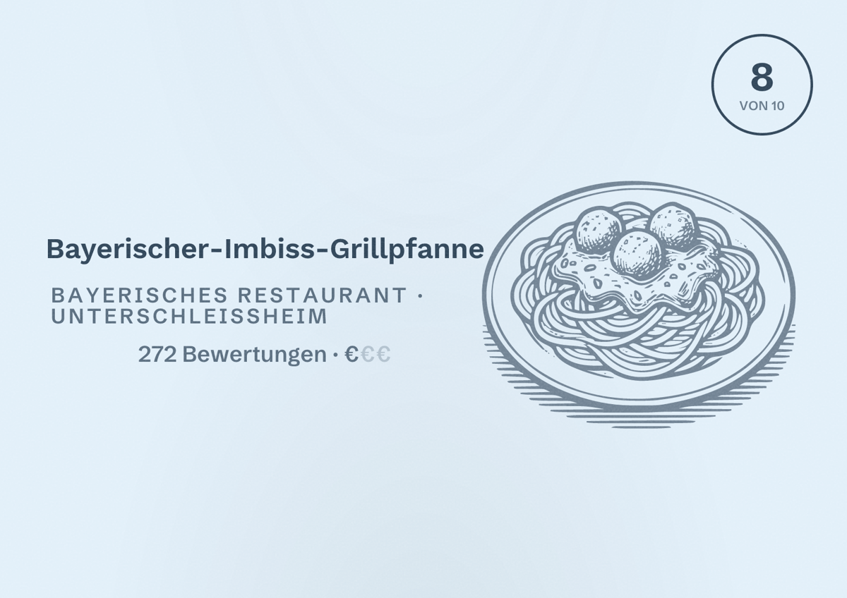 Illustriertes Poster von Bayerischer-Imbiss-Grillpfanne, Bayerisches Restaurant in Unterschleißheim: Bewertung 8 von 10 aus 272 Bewertungen, Preisniveau €