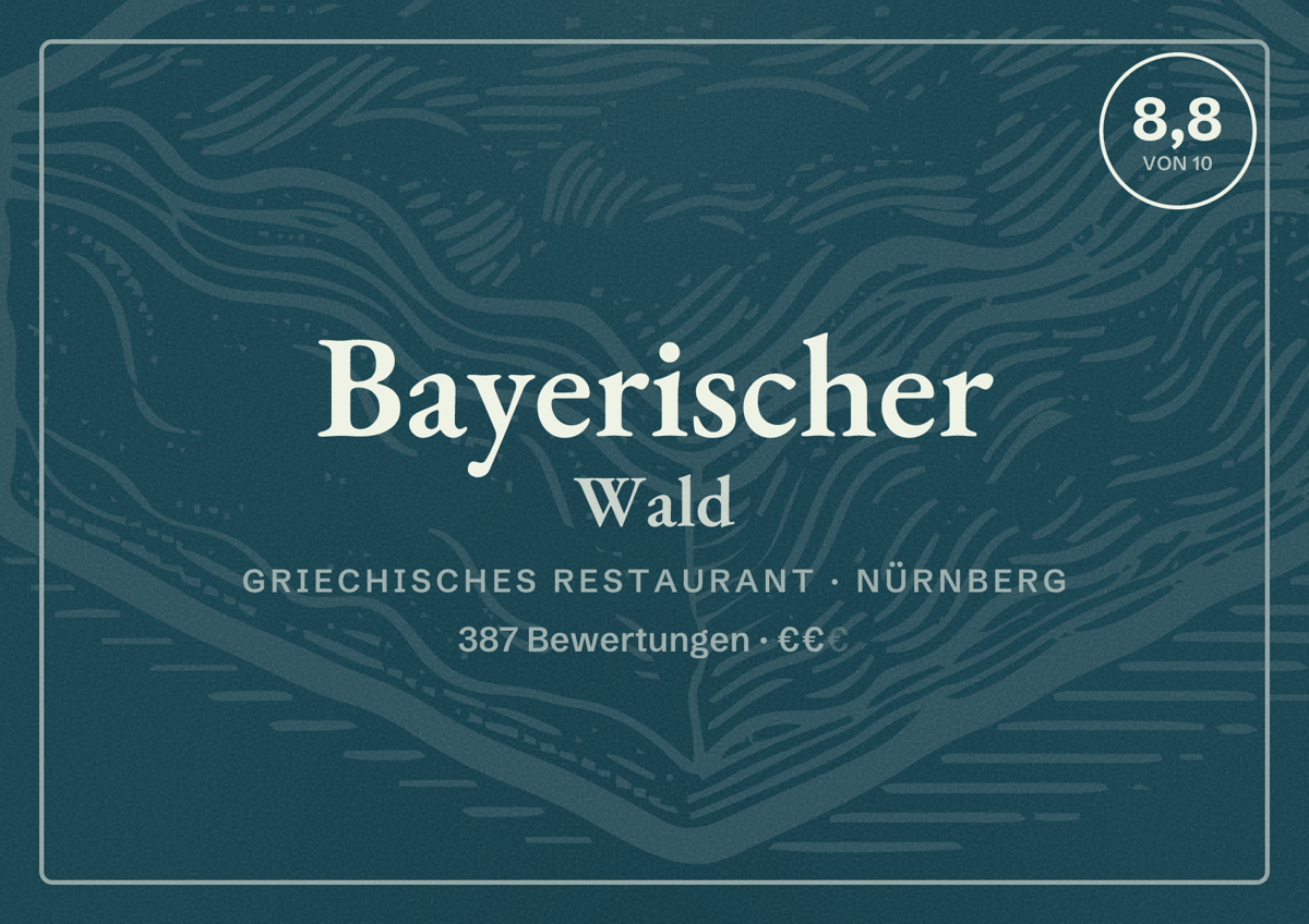 Illustriertes Poster von Bayerischer Wald, Griechisches Restaurant in Nürnberg: Bewertung 8,8 von 10 aus 387 Bewertungen, Preisniveau €€