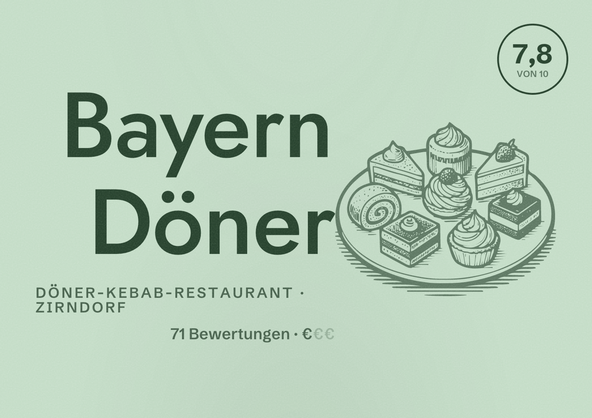 Illustriertes Poster von Bayern Döner, Döner-Kebab-Restaurant in Zirndorf: Bewertung 7,8 von 10 aus 71 Bewertungen, Preisniveau €