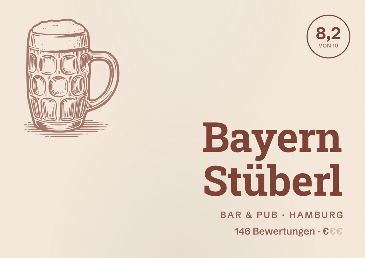 Illustriertes Poster von Bayern Stüberl, Bar & Pub in Hamburg: Bewertung 8,2 von 10 aus 146 Bewertungen, Preisniveau €
