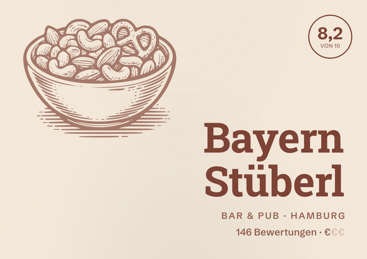 Illustriertes Poster von Bayern Stüberl, Bar & Pub in Hamburg: Bewertung 8,2 von 10 aus 146 Bewertungen, Preisniveau €