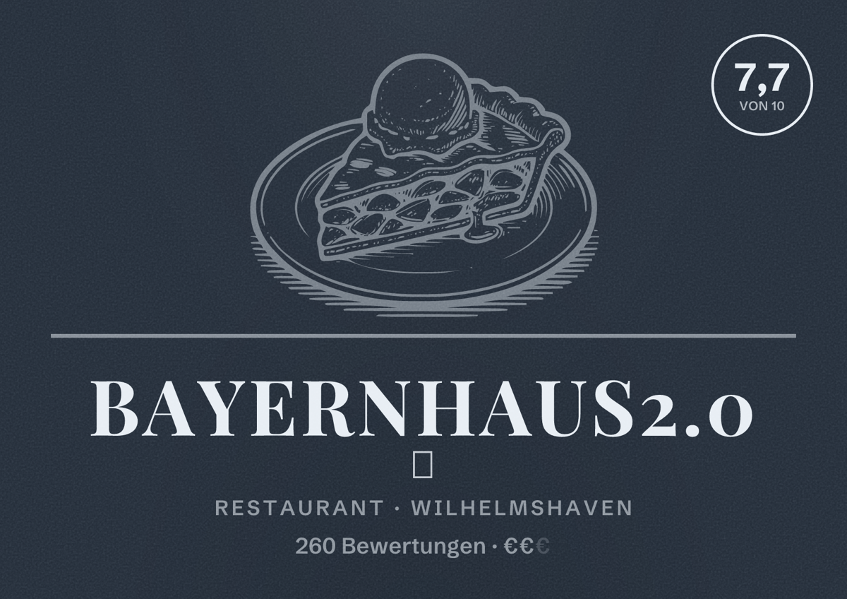 Illustriertes Poster von Bayernhaus2.0 🍺, Restaurant in Wilhelmshaven: Bewertung 7,7 von 10 aus 260 Bewertungen, Preisniveau €€