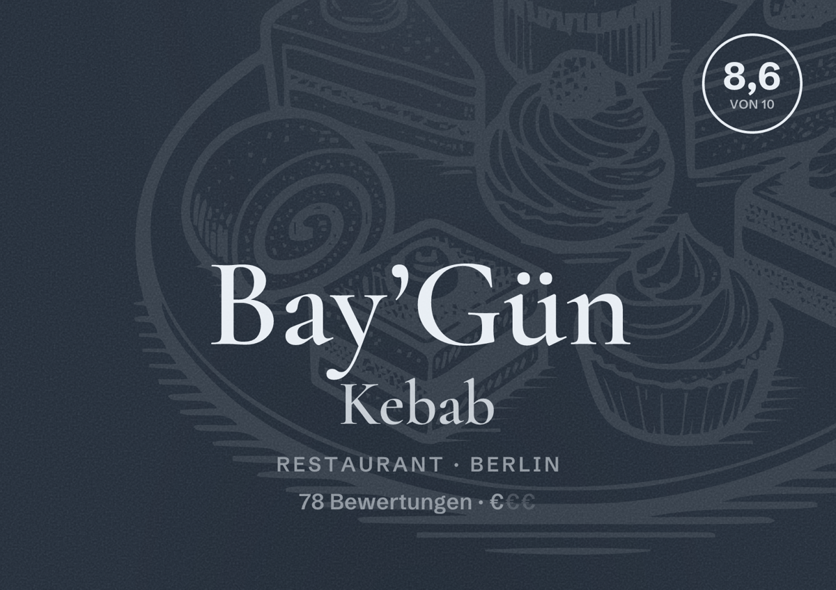 Illustriertes Poster von Bay’Gün Kebab, Restaurant in Berlin: Bewertung 8,6 von 10 aus 78 Bewertungen, Preisniveau €
