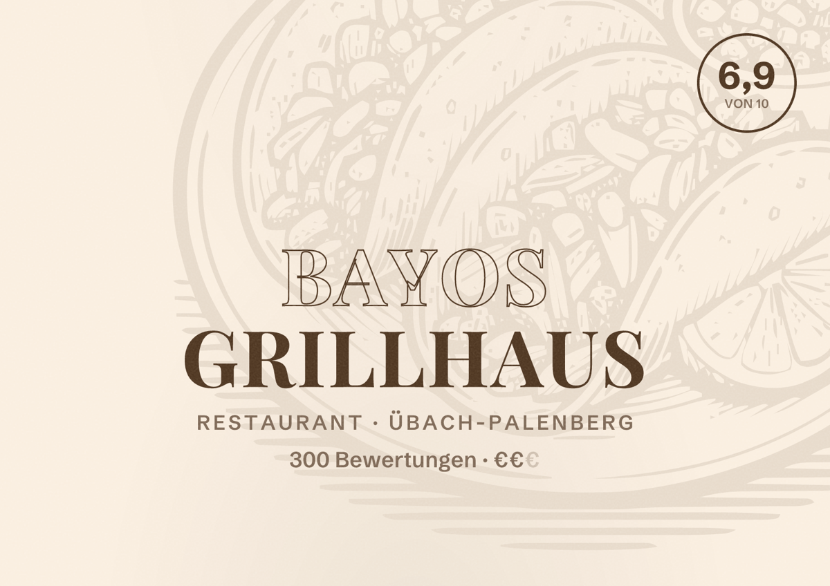Illustriertes Poster von BAYOS Grillhaus, Restaurant in Übach-Palenberg: Bewertung 6,9 von 10 aus 300 Bewertungen, Preisniveau €€