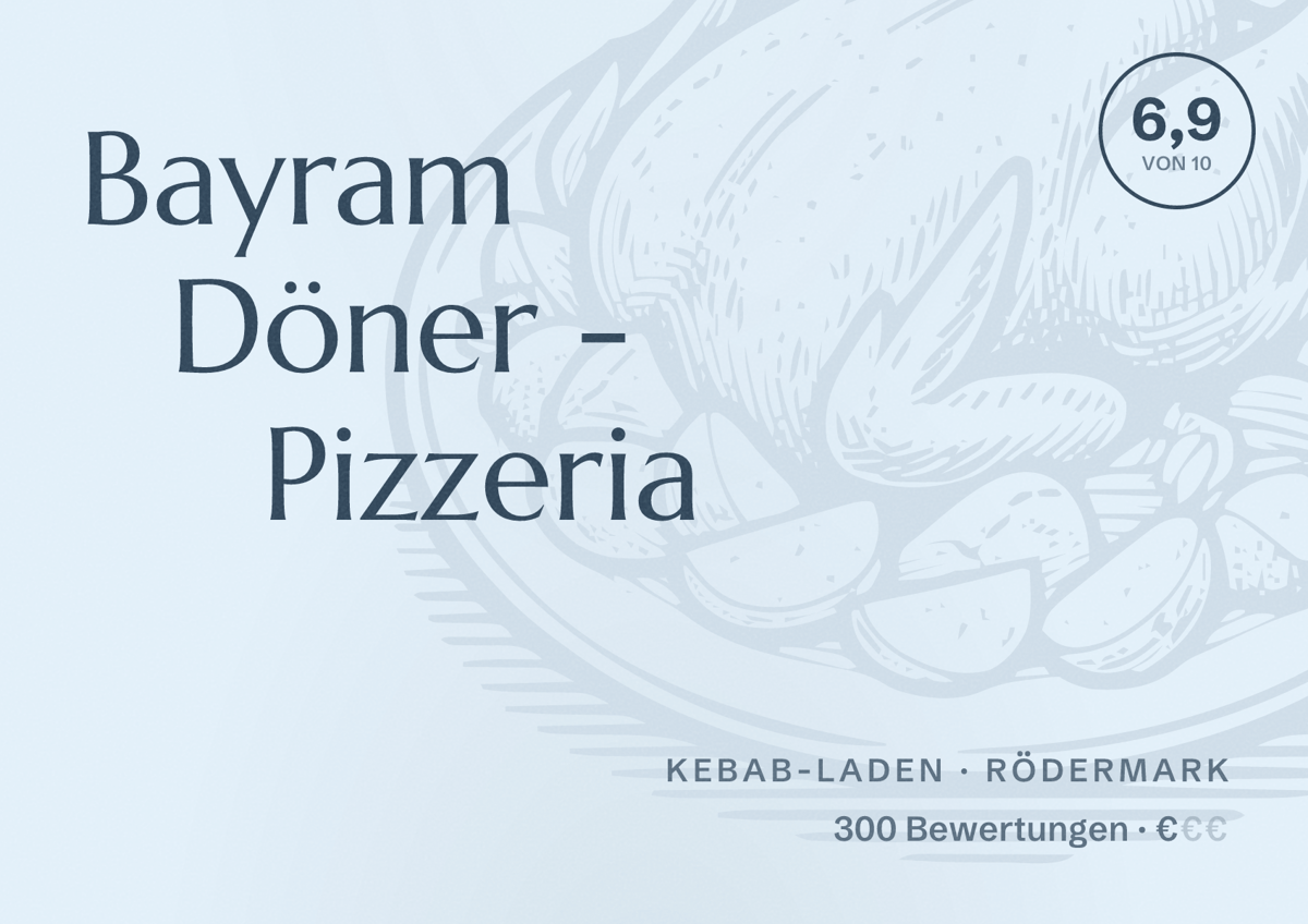 Illustriertes Poster von Bayram Döner - Pizzeria, Kebab-Laden in Rödermark: Bewertung 6,9 von 10 aus 300 Bewertungen, Preisniveau €