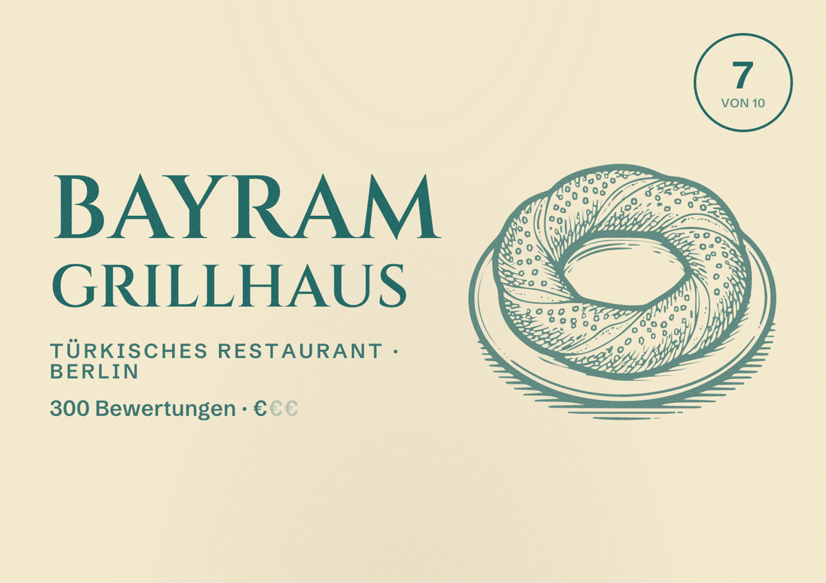 Illustriertes Poster von Bayram Grillhaus, Türkisches Restaurant in Berlin: Bewertung 7,0 von 10 aus 300 Bewertungen, Preisniveau €