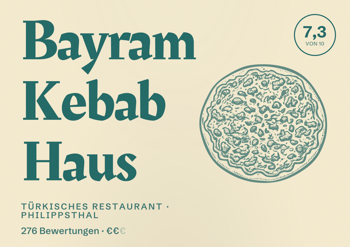 Illustriertes Poster von Bayram Kebab Haus, Türkisches Restaurant in Philippsthal: Bewertung 7,3 von 10 aus 276 Bewertungen, Preisniveau €€